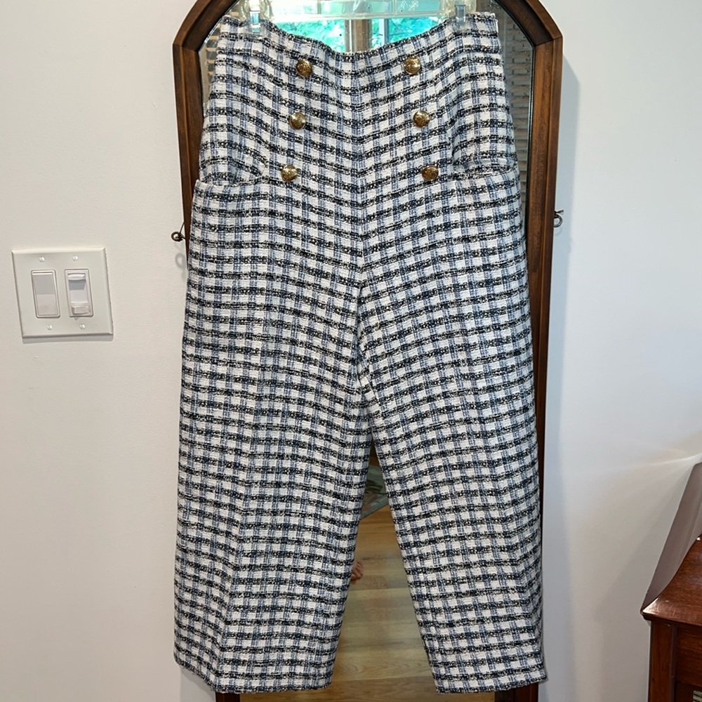 Zara Blue White Plaid Tweed High Waisted Sailor Wide Leg Pants Gold Buttons L
